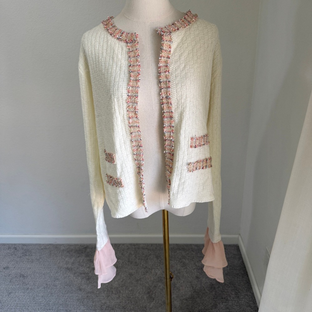 NWT Sioni Tweed Cardigan Pink Large Coquette Ballet Preppy Chic Romantic Girly - Picture 2 of 12